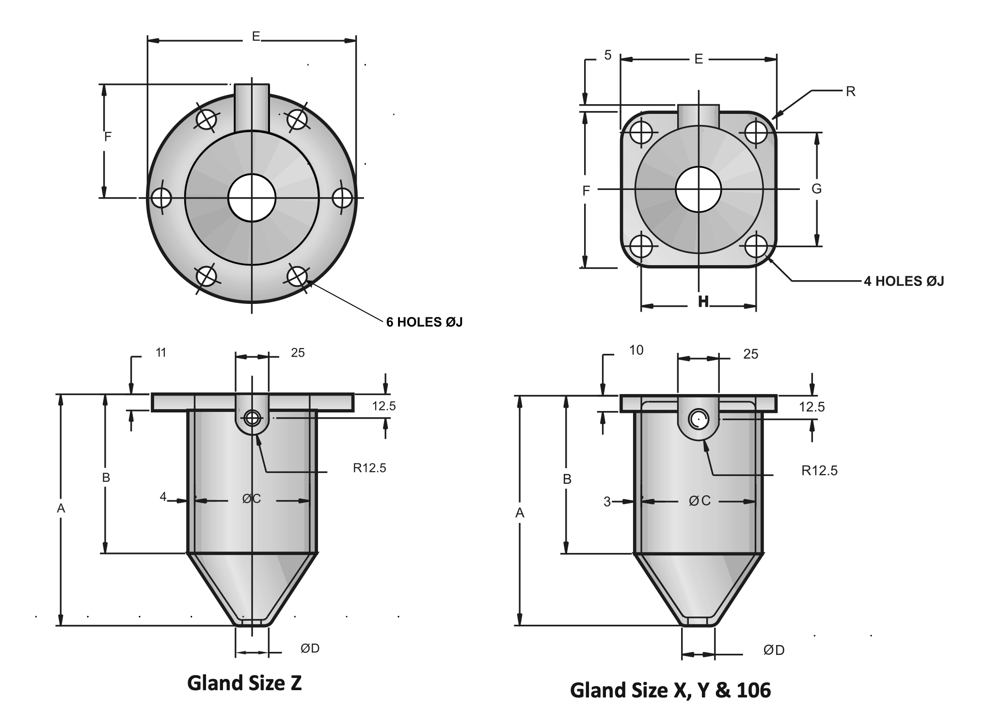 Brass Wiping Cable Gland for MV Termination — For SWA/PVC/XLPE/EPR Cables Specifications drawing