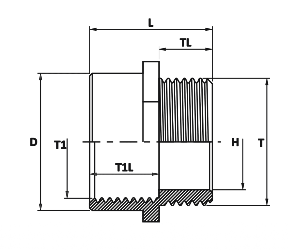 Brass Hex Adaptor — For Connection between Dis-Similar Thread Metric drawing