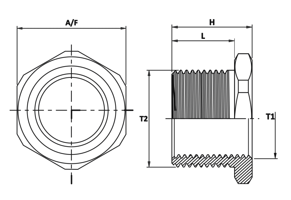 Brass Hex Reducer — For Connection between Dis-Similar Thread Metric drawing