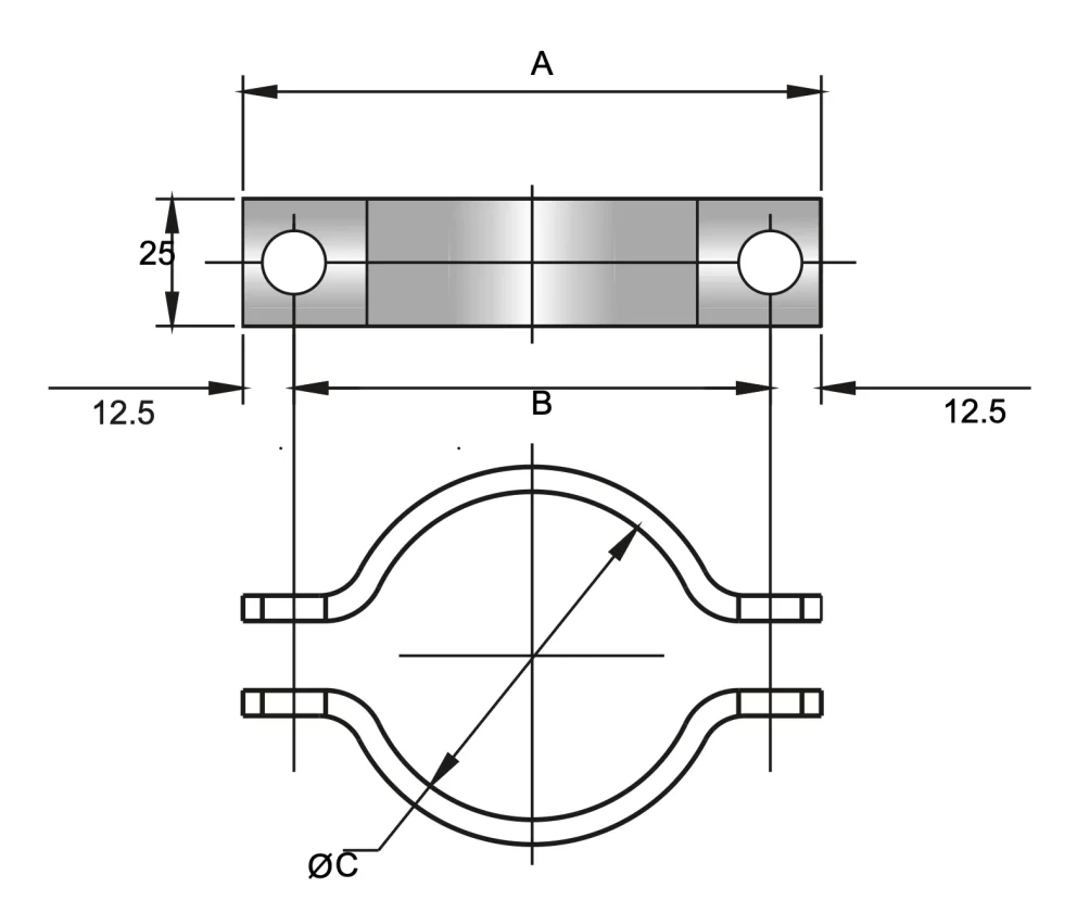Clamp for Brass Wiping Cable Gland — C Clamps in Two Halves for Fitting of Brass Wiping Gland Specifications drawing