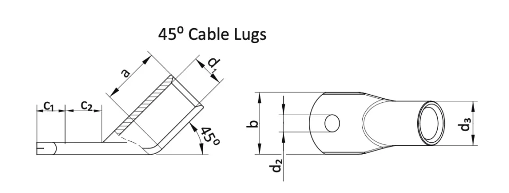 Angled 45/90 Cable Lugs (Round Multi-Stranded Round / Sector-Shaped Conductors) Specifications drawing