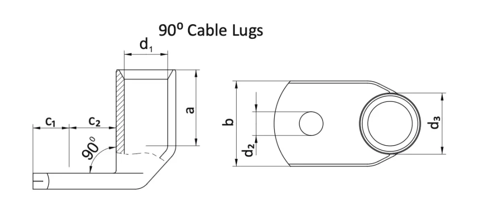 Angled 45/90 Cable Lugs (Round Multi-Stranded Round / Sector-Shaped Conductors) Specifications drawing