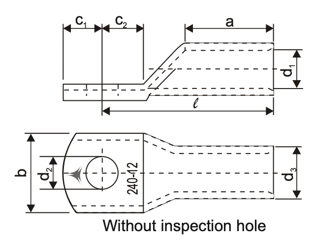 DIN Cable Lugs (Round Multi-Stranded Round / Sector-Shaped Conductors) Specifications drawing