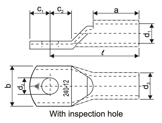 DIN Cable Lugs (Round Multi-Stranded Round / Sector-Shaped Conductors) Specifications drawing
