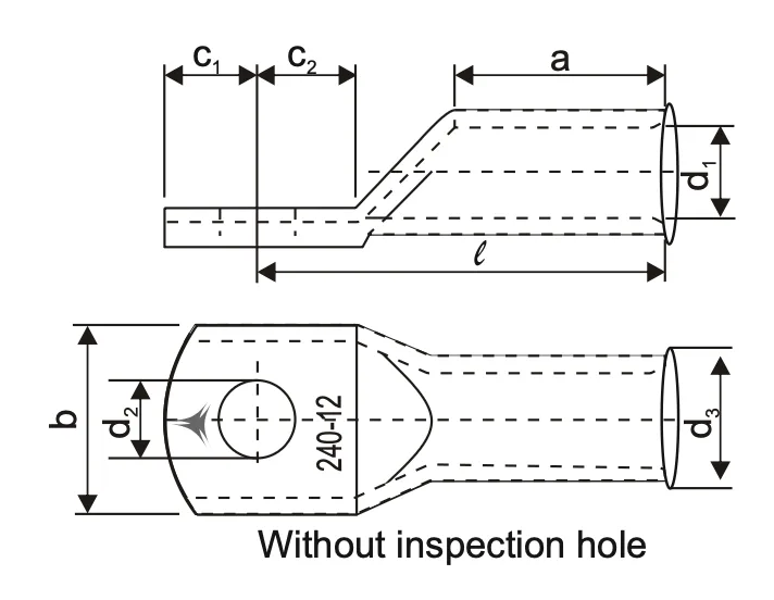 Standard Flared Barrel Cable Lugs (Superfine Stranded Round Conductors) Specifications drawing