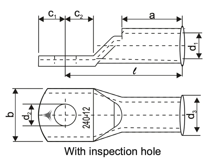 Standard Flared Barrel Cable Lugs (Superfine Stranded Round Conductors) Specifications drawing