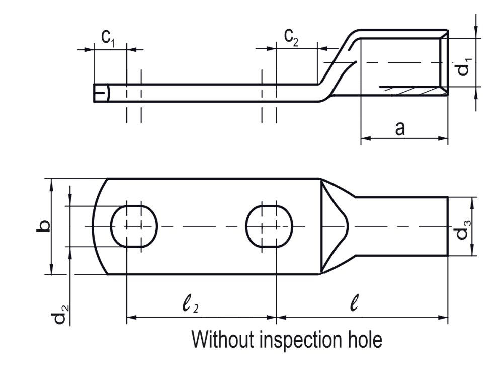 Two Hole Cable Lugs (Round, Multi-Stranded Round / Sector-Shaped Conductors) Specifications drawing