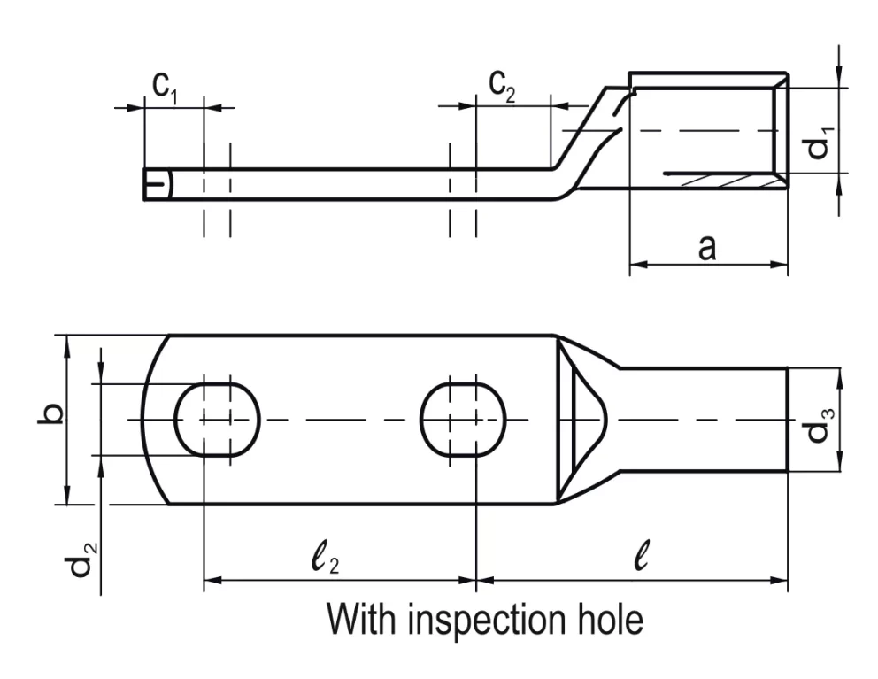 Two Hole Cable Lugs (Round, Multi-Stranded Round / Sector-Shaped Conductors) Specifications drawing