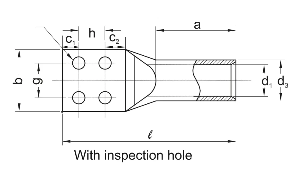 Two Hole Cable Lugs (Round Multi-Stranded Round / Sector-Shaped Conductors) Specifications drawing